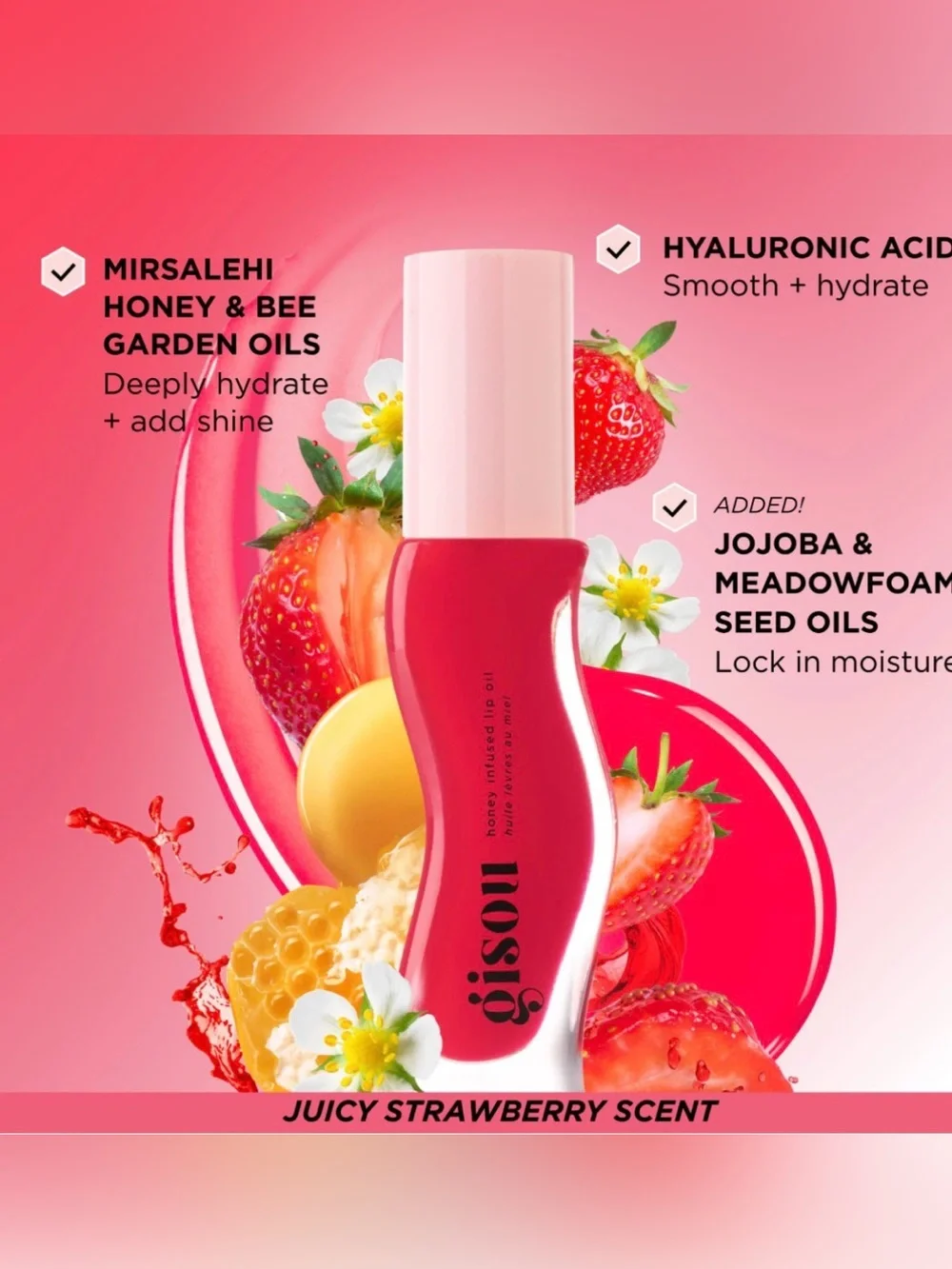 Gisou Honey Infused Lip Oil — Strawberry Sorbet (Pink/Red)